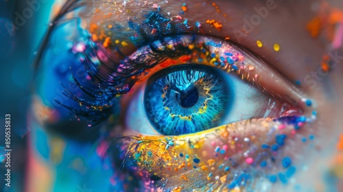 Close-up of a colorful painted eye with artistic makeup