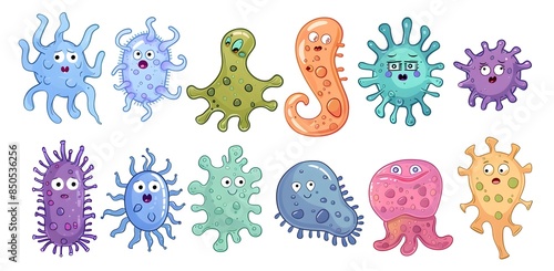 bacteria and viruses, cute illustrations and drawings of microorganisms, funny and cute, colorful, of different types and shapes