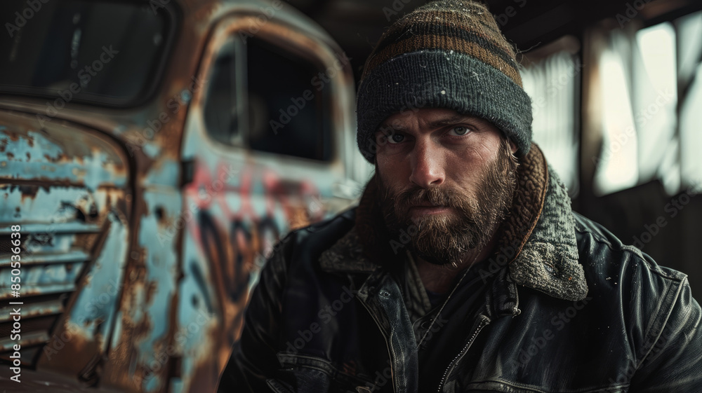 Bearded man in a rustic outfit standing by an old, rusty vehicle. Bearded man in a rustic outfit standing by an old, rusty vehicle.