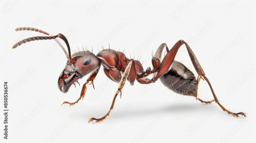 Red ant displaying its antennae, mandibles, and exoskeleton on a white background Red ant displaying its antennae, mandibles, and exoskeleton on a white background