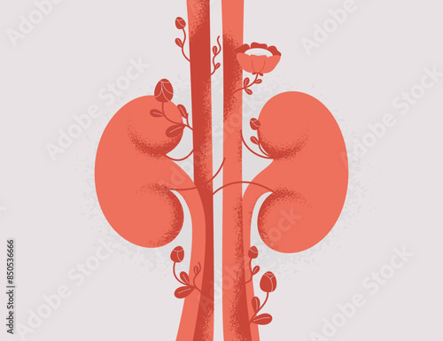 Human kidneys in bloom. Good Filtration function and renal health. Hydration and eat balance for Nephropathy disease prevention. Creativity vector illustration