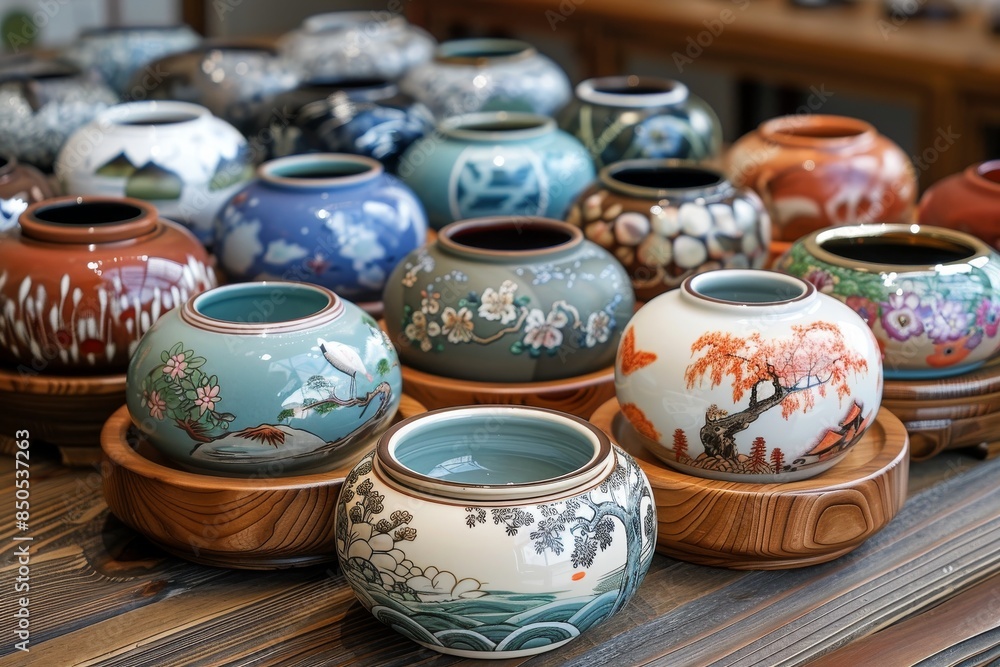 Hand-Painted Ceramic Teacups Displayed On Wooden Table In Shop Hand-Painted Ceramic Teacups Displayed On Wooden Table In Shop