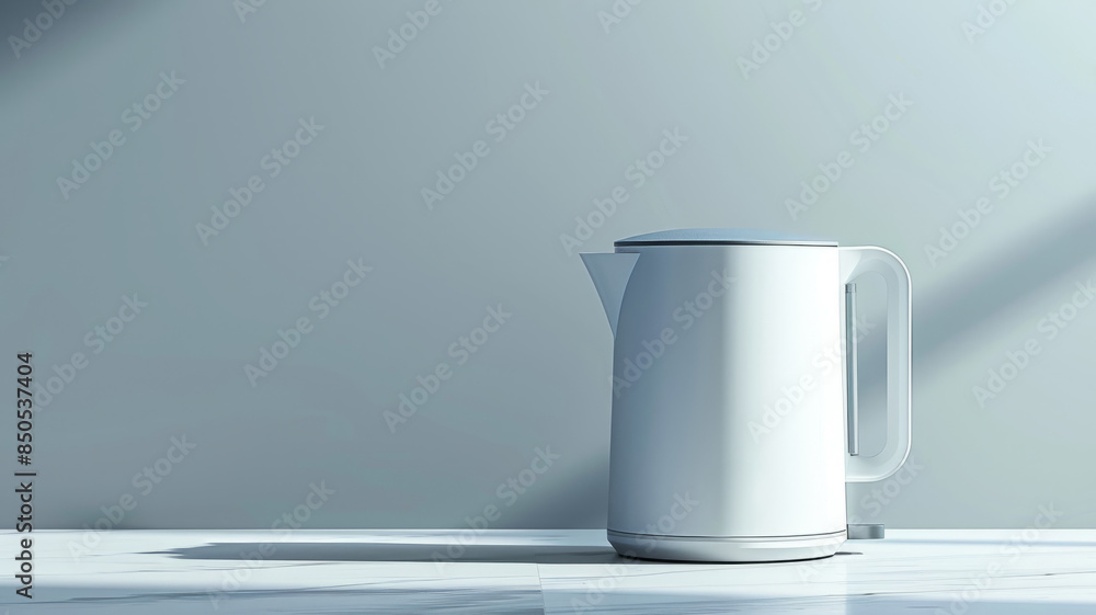 Modern white electric kettle on a countertop in a minimalist kitchen Modern white electric kettle on a countertop in a minimalist kitchen