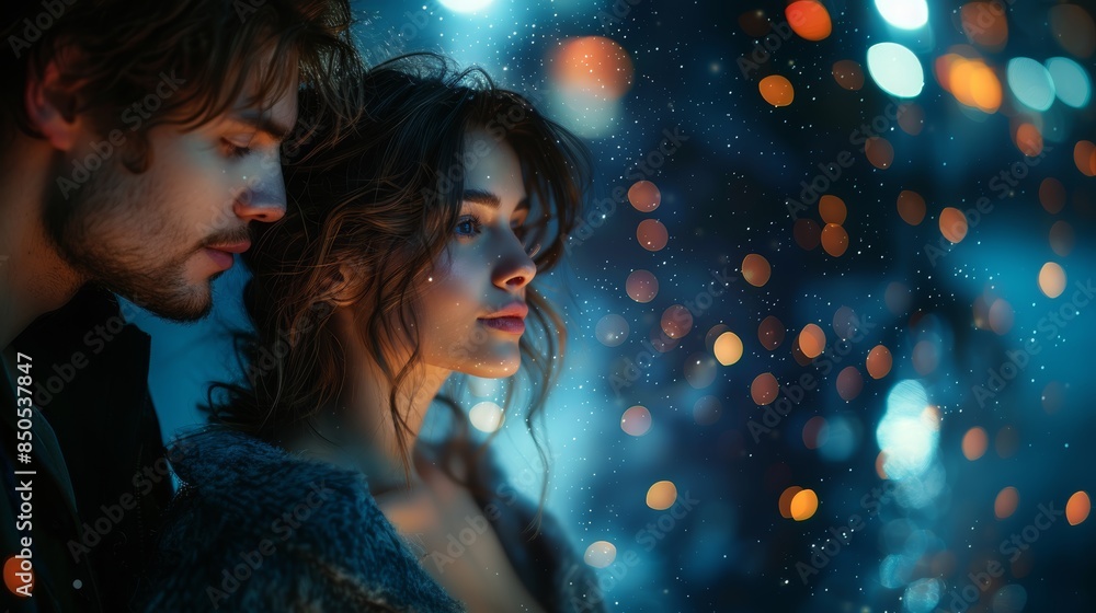 Romantic Couple Gazing Under Winter Night Lights in Intimate Moment Romantic Couple Gazing Under Winter Night Lights in Intimate Moment