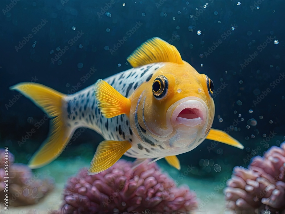 Naklejka premium Colorful fish swim in a tank filled with aquatic plants