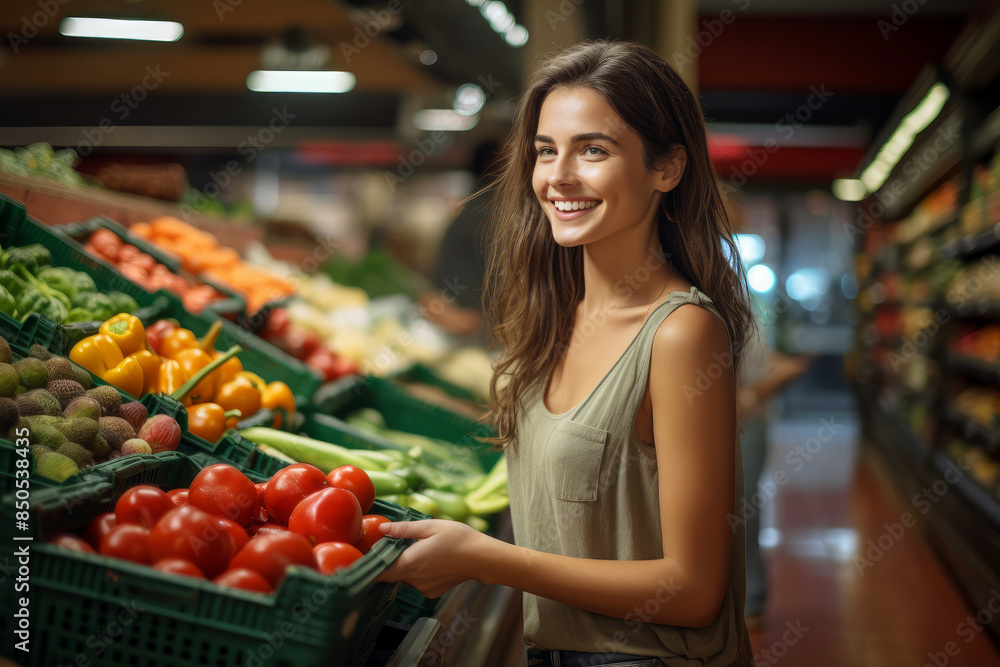 A happy young woman chooses fresh vegetables and fruits in the supermarket. A happy young woman chooses fresh vegetables and fruits in the supermarket.