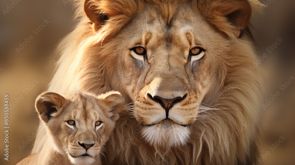 Obraz premium Serengeti Lion and Cub at Dusk
