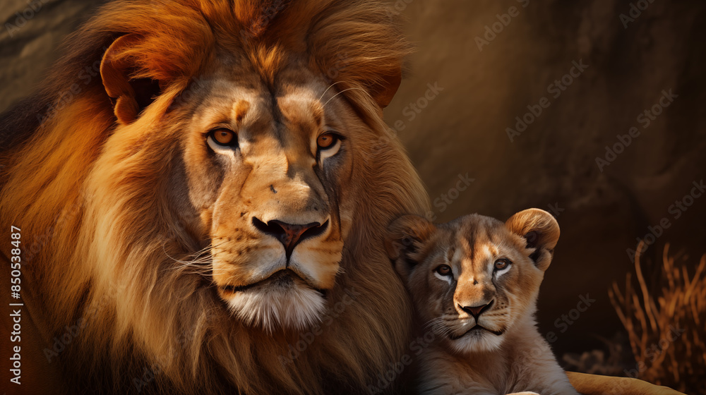 Fototapeta premium Father and Cub Lions in Warm Light