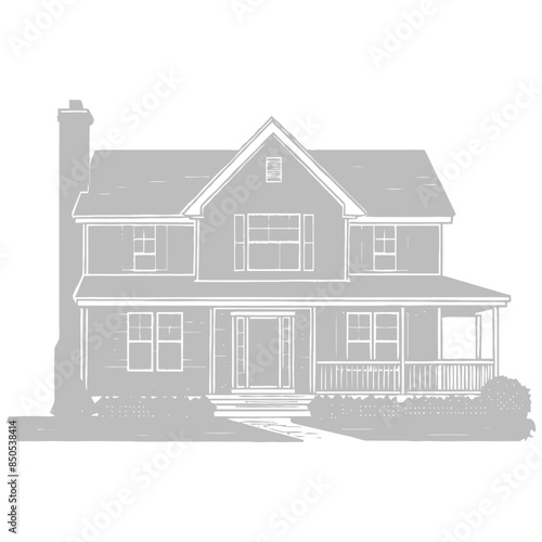 Grayed Out House Facade: Architectural Rendering with Porch and Chimney.
