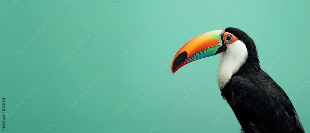 Naklejka premium A wild toucan, known for its distinctive beak and vivid plumage, thriving in the lush, tropical landscapes of Brazil. Symbolizes biodiversity and natural splendor