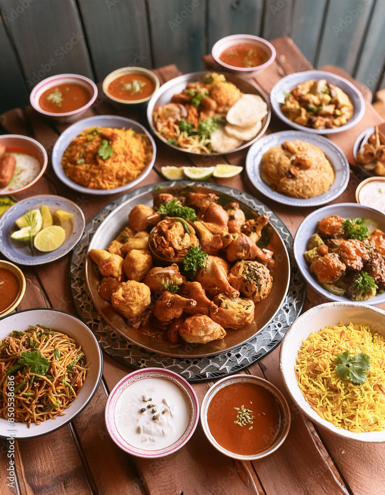 traditional dishes such as biryani, kebabs, samosas, and desserts like baklava and maamoul, all beautifully arranged on the dinner table traditional dishes such as biryani, kebabs, samosas, and desserts like baklava and maamoul, all beautifully arranged on the dinner table