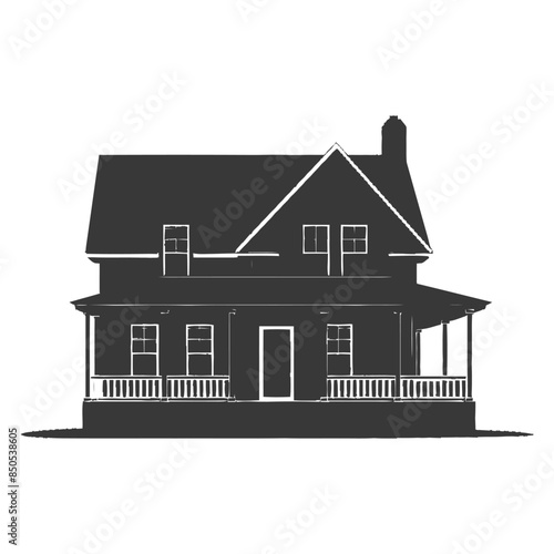 Silhouette of a Two-Story Farmhouse with Porch and Chimney.