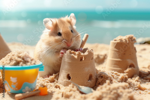 A hamster building a sandcastle on the beach generated by AI photo