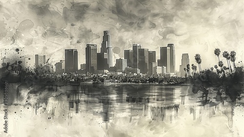 Hand-Drawn Artistic Representation of Los Angeles Skyline with Palm Trees