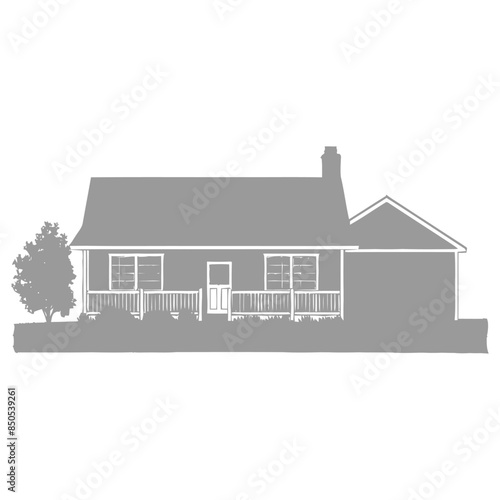 House Silhouette: Side View of Single-Story Home with Porch and Chimney, Isolated on White