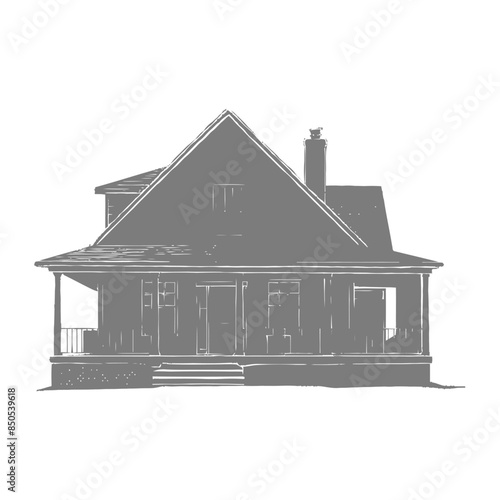 Grayscale Farmhouse Illustration: Gable Roof, Porch, Chimney Detail.