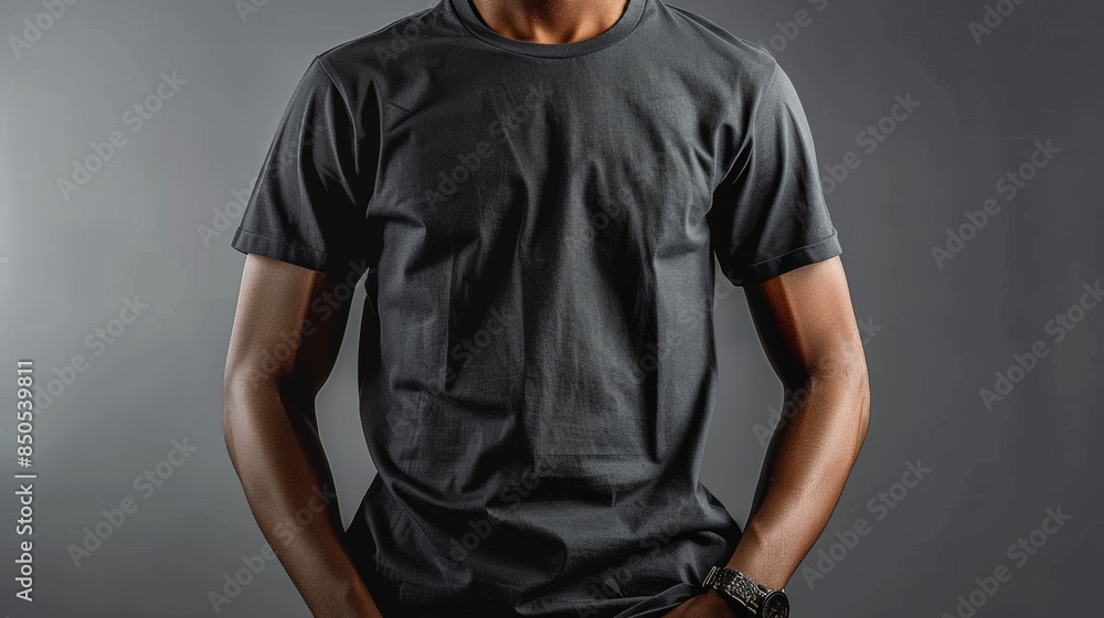 Stylish Mannequin Wearing Black Men's T-Shirt Isolated on Grey Background Stylish Mannequin Wearing Black Men's T-Shirt Isolated on Grey Background