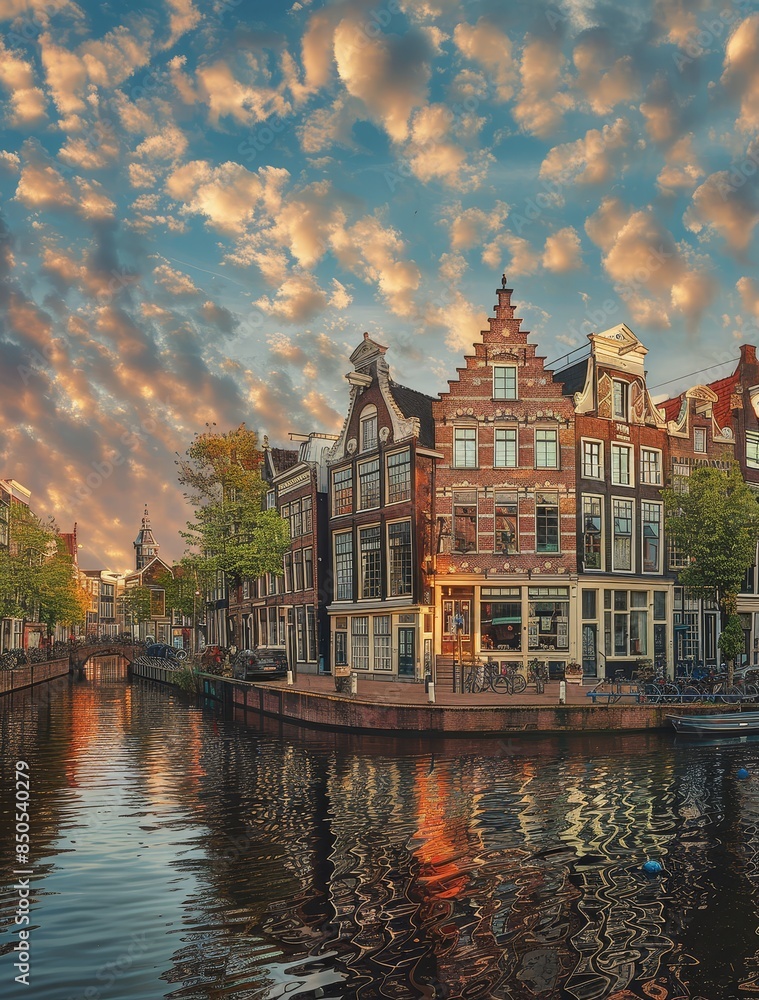 Naklejka premium Charming Canal Houses at Sunset in Amsterdam - Classic Dutch canal houses line a narrow waterway, bathed in the warm glow of a setting sun, reflecting in the water.