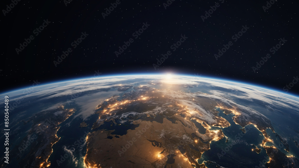Obraz premium Panoramic view on planet Earth globe from space with rising sun glowing city lights, light clouds. Generated with Ai