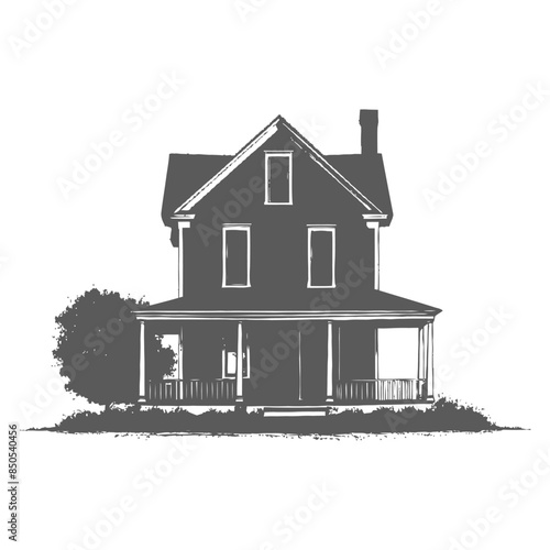 Etched Victorian: Grayscale Farmhouse with Porch and Shrubbery Silhouette