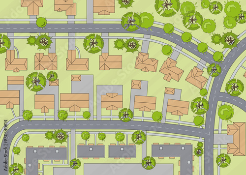 WebTop view of the city. Plan of town or village with houses, roof, park. Cityscape aerial landscape from above. Background town map Vector Landscape design plan. Highly detailed country map illustrat