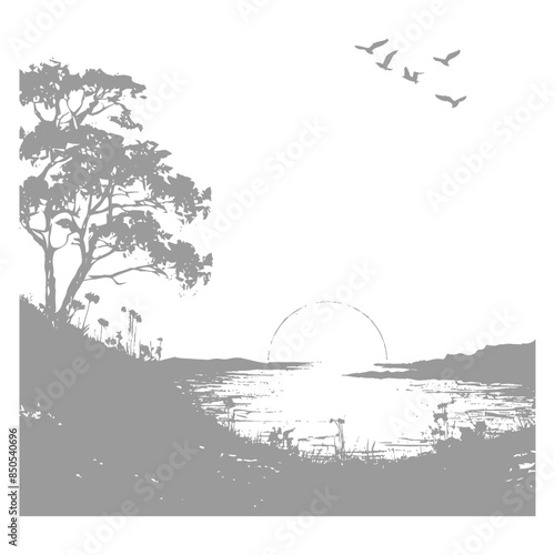 Monochrome lakeside sunset with silhouetted tree and birds in flight.