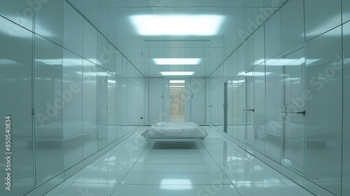 Minimalist White Corridor with a Bed at the End - A long  narrow corridor with white walls and a bed in the center.