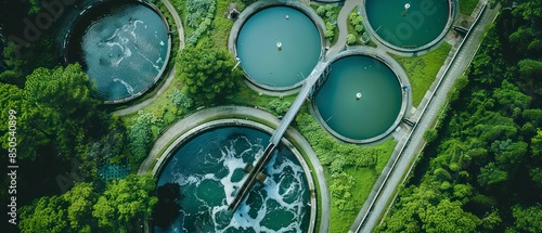 wastewater treatment facility with large settling tanks and filtration systems, processing water to remove contaminants and protect the environment © STOCKYE STUDIO