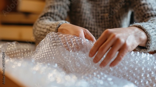 Person wrapping fragile items with bubble wrap photo