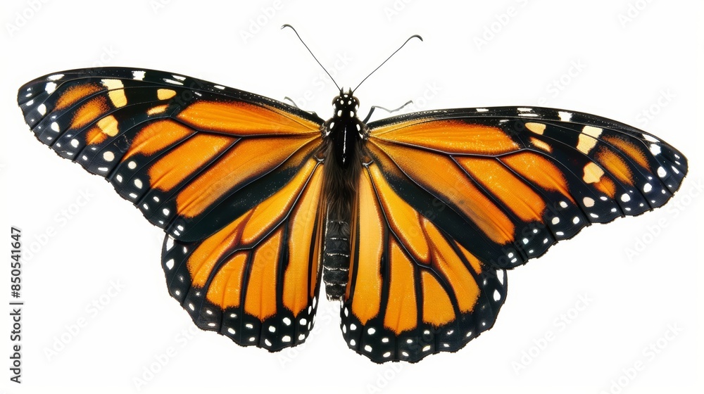 Monarch butterfly displaying its colorful wings against a white backdrop Monarch butterfly displaying its colorful wings against a white backdrop