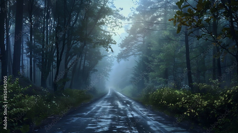 A road in the morning passing through a forest cover with horror scene A road in the morning passing through a forest cover with horror scene