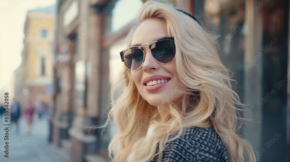 Beautiful smiling blond woman in elegant luxury sunglasses posing on the street European background Perfect wavy hairs : Generative AI Beautiful smiling blond woman in elegant luxury sunglasses posing on the street European background Perfect wavy hairs : Generative AI