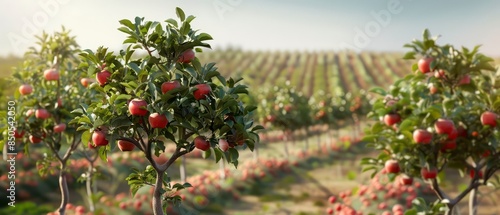 An agricultural landscape featuring an apple orchard, where trees laden with red fruit stand amidst green foliage under a sunny autumn sky