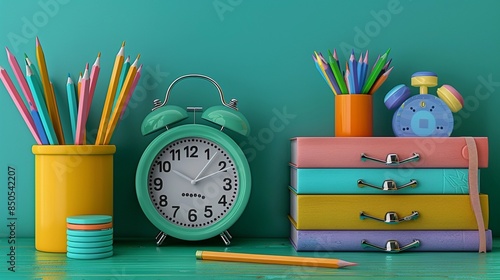 A photorealistic image of school stationery including an alarm clock, pencils, and a stack of books, all neatly arranged on a desk with a green background photo