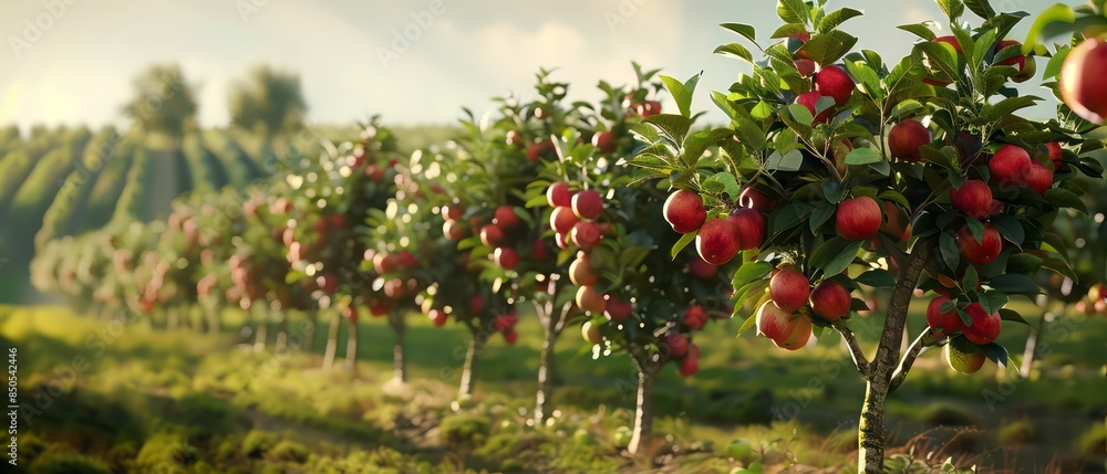 An agricultural landscape featuring an apple orchard, where trees laden with red fruit stand amidst green foliage under a sunny autumn sky An agricultural landscape featuring an apple orchard, where trees laden with red fruit stand amidst green foliage under a sunny autumn sky
