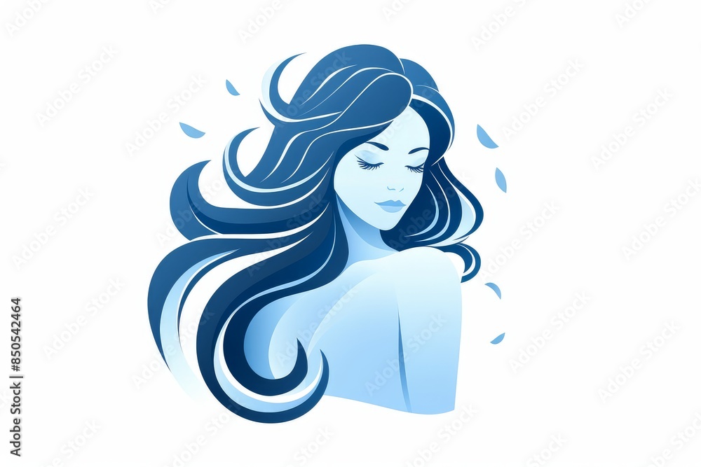 A beautiful girl with long blue hair, a simple flat illustration in blue tones on a white isolated background. Design concept for beauty salons, spas, cosmetics, hairdressing, fashion, logo. A beautiful girl with long blue hair, a simple flat illustration in blue tones on a white isolated background. Design concept for beauty salons, spas, cosmetics, hairdressing, fashion, logo.