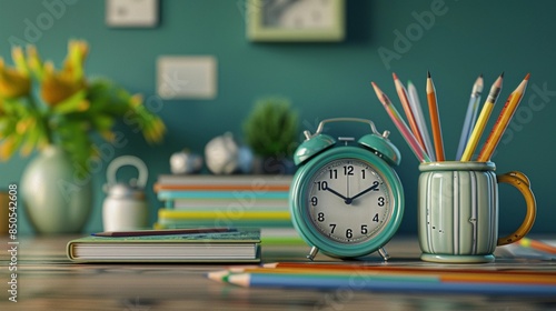 A photorealistic image of school stationery including an alarm clock, pencils, and a stack of books, all neatly arranged on a desk with a green background photo