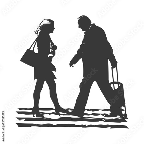 Urban Encounter: Silhouette of Woman and Man with Suitcase on Crosswalk.