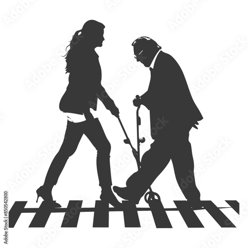 Silhouetted Caregiver Assisting Elderly Man with Walker on Crosswalk.