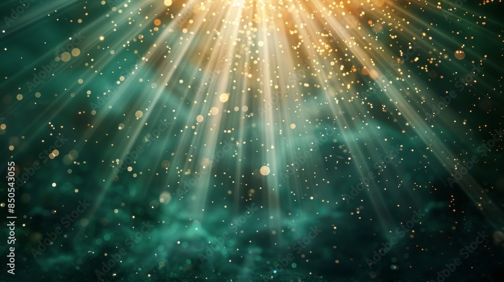Naklejka premium Abstract Digital Art Depicting Light Beams and Glimmering Particles on a Dark Green Background
