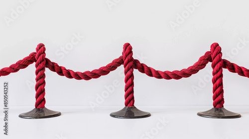 a line of red rope barriers with a white background