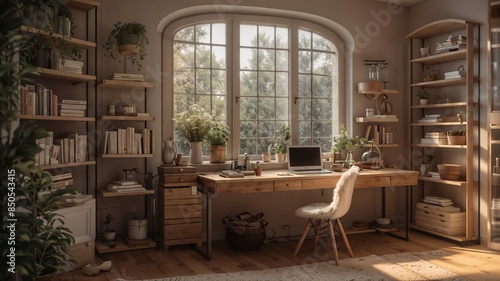 cozy home office space with desk computer chair and books. warm light