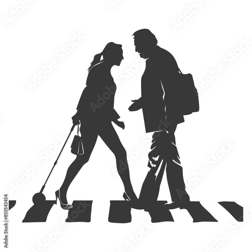 Zebra Crossing Encounter: Silhouette of Woman with Cane & Man Meeting on Pedestrian Crosswalk.