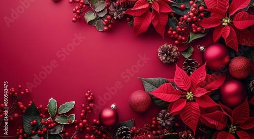 Red Poinsettia And Christmas Decorations On Red Background