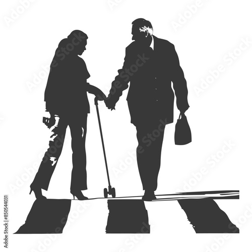 Elderly Couple Silhouette: Zebra Crossing, Hand-in-Hand, Assistance.