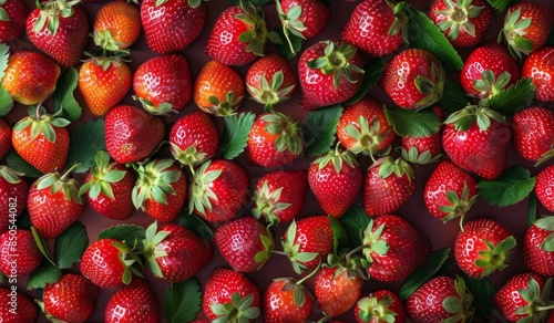 Close Up of Fresh Red Strawberries With Green Leaves