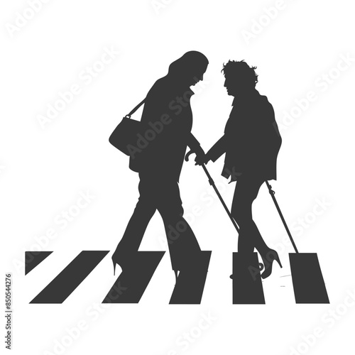 Silhouetted Women on Zebra Crossing with Walking Sticks.