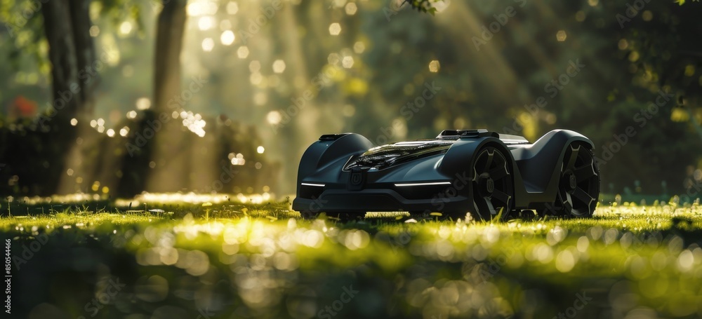 Robotic Lawn Mower Cutting Grass in a Sunny Forest Setting Robotic Lawn Mower Cutting Grass in a Sunny Forest Setting