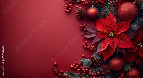 Red Poinsettia And Christmas Decorations On Red Background