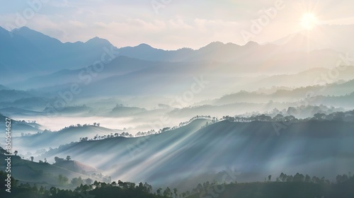 Beautiful Landscape of mountain layer in morning sun ray and winter fog at  Doi Hua Mae Kham  Mae Salong Nai Chiangrai Thailand : Generative AI photo